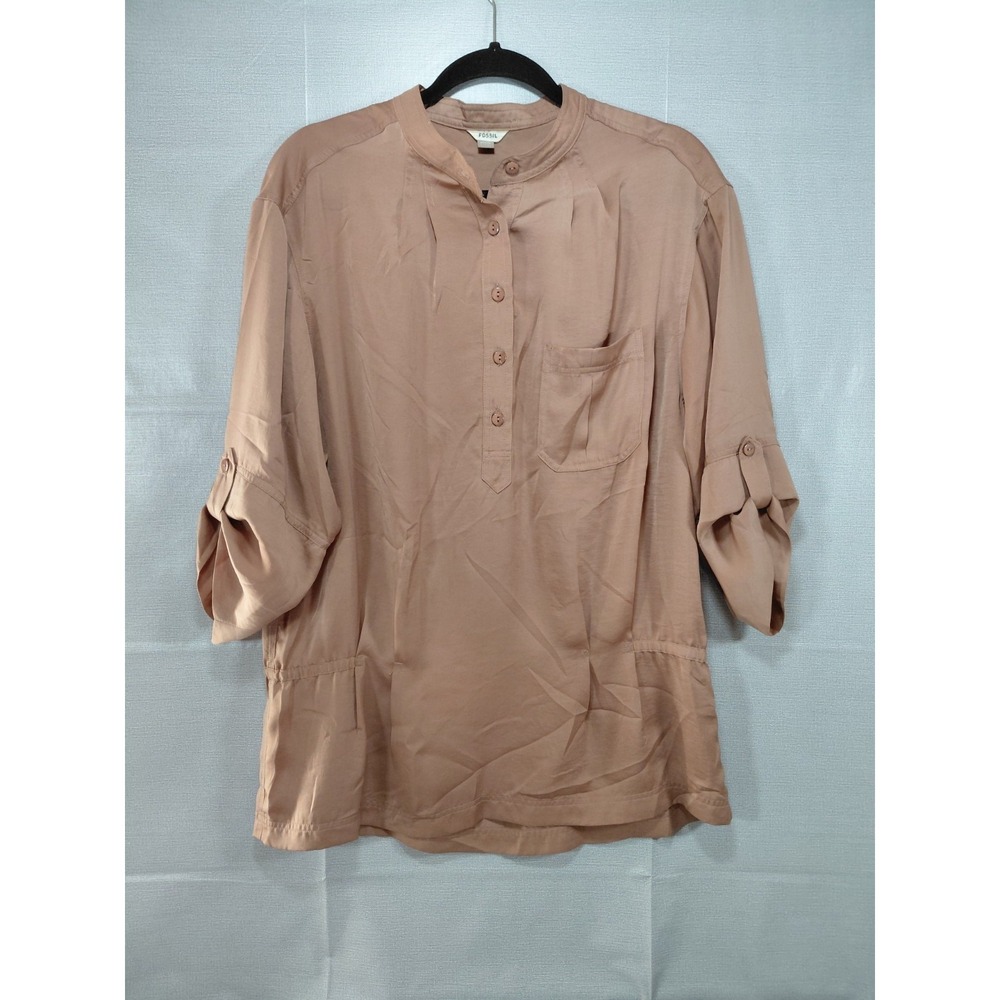 Fossil Popover Half Button Up Blouse LG Tan Satin Half Sleeve Minimalist Modern
